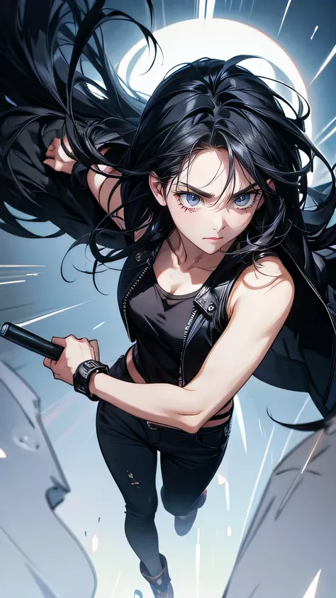  Anime Women, Black hair with semi-long hair ,blue eyes, asymmetrical bangs、Goth, Holding a microphone with both hands , I'm wearing a tank top and black jeans、Black leather jacket、sing、Put the microphone in your mouth、 mouths,((Furious))、solo、inverted eye...