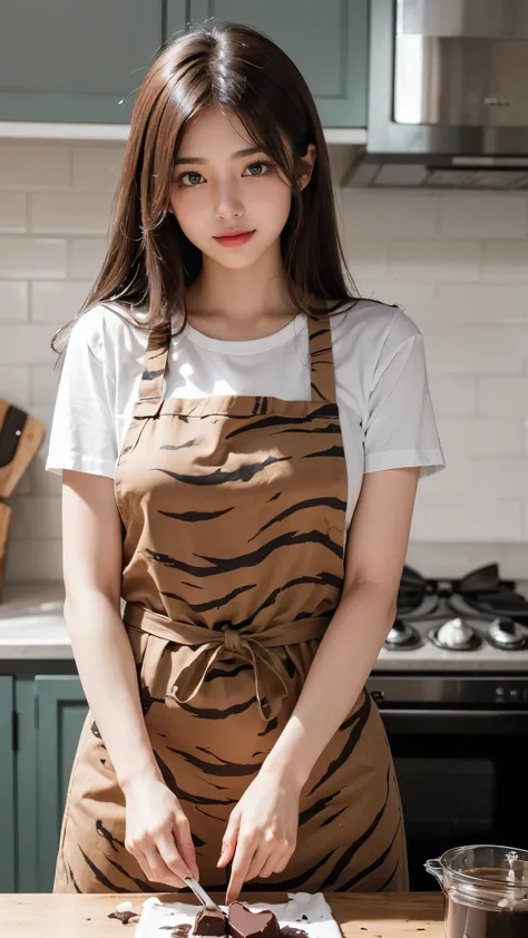 ai_kase, (Drawing of cooking in a high-performance system kitchen:1.3), ((A photo of a woman concentrating on making homemade sweets in a subdued kitchen)), ((She is making chocolate sweets.)),BREAK, (She is naked but wearing a tiger print apron and making...