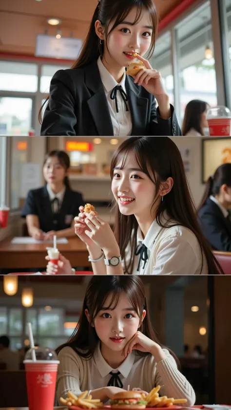 A radiant young woman in an elegant school uniform enjoys a casual meal at a fast-food restaurant, her expression filled with joy, curiosity, or playful anticipation. She takes a bite of a burger, sips a drink through a straw, or glances up with a soft smi...