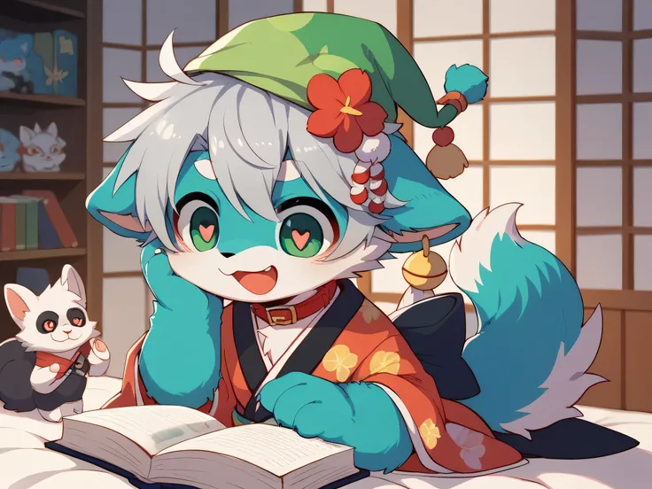  very detailedな, very detailed, blue fur gray hair,,male,骨を見てExcited, heart eyes,participate, red collar, green white and colored hat, cute face, fluffy fur like one,Excited,Horny boy,Beautiful room,かわいい 's room , 's room ,Smiling face,Dropped ears,Reading...