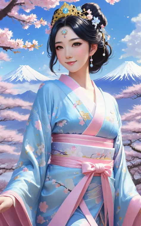 A dark-haired young goddess wearing a light blue KIMONO with a tiara and stars,A dark-haired young goddess wearing a pink kimono with a crown and stars smiling amidst a cherry blossom landscape , pixiv contest winner with a star on his head,  Fantasy Art, ...