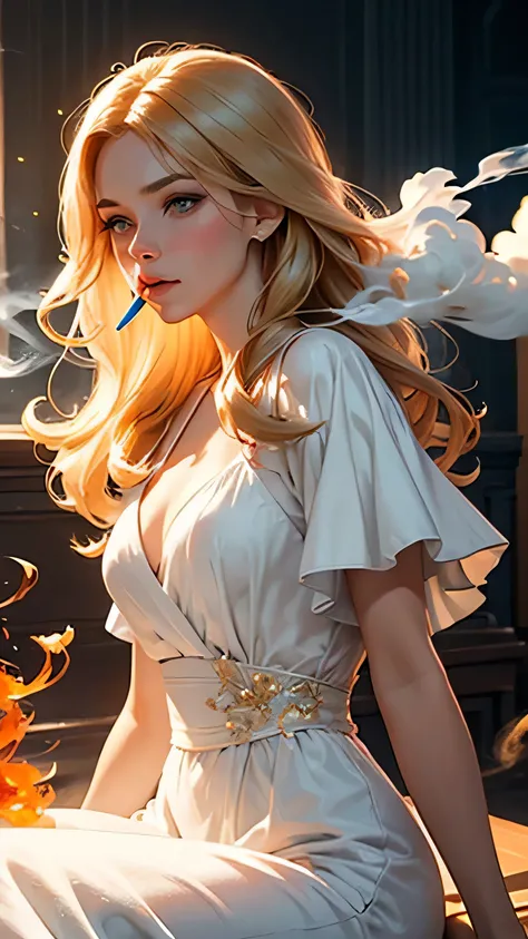 Create an illustration of a golden-haired woman in a white dress, Blowing colored smoke out of the mouth,  inspired by the character Siri from the book Warbreaker, Where do you represent the magic of the literary universe called breaths