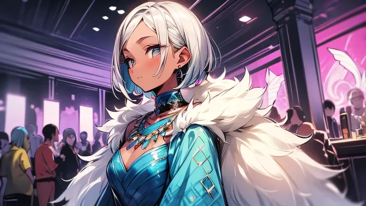 sideview,Alone,upperbody,50years old,(silver color very short pixie cut),sideshaved,undershaved,parted forehead,(dark skin:1.2),Diva,Double eyelids,neckpiece made of fur,Madame Face,(offshoulder Mermaid Dress) , (Inside the nightclub),indoor,( manga style)...