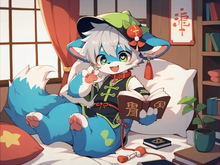  very detailedな, very detailed, blue fur gray hair,,male,骨を見てExcited, heart eyes,participate, red collar, green white and colored hat, cute face, fluffy fur like one,Excited,Horny boy,Beautiful room,かわいい 's room , 's room ,Smiling face,Dropped ears,Traditi...