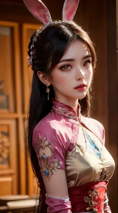 1 beautiful girl in beautiful hanfu costume, thin red silk shirt with many yellow motifs, black lace top, light pink rabbit ears, long hair dyed pale purple platinum, beautiful hair jewelry, pretty face cute pretty face, perfect face, earring jewelry, anti...