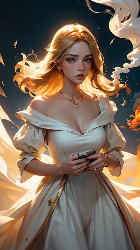 Create an illustration of a golden-haired woman in a white dress, Blowing colored smoke out of the mouth, inspired by the character Siri from the book Warbreaker, Where do you represent the magic of the literary universe called BreathsHigh Resolution, col...
