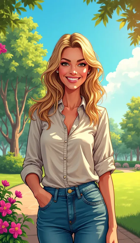 A discreet and casual comic book style image of an adult American woman, smiling and appearing happy. She is dressed in casual and tasteful clothing, such as a blouse and jeans, with an approachable and friendly appearance. She is happy with money, appeari...