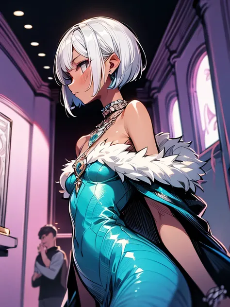 sideview,Alone,upperbody,50years old,(silver color very short pixie cut),sideshaved,undershaved,parted forehead,(dark skin:1.2),Diva,Double eyelids,neckpiece made of fur,Madame Face,(offshoulder Mermaid Dress) , (Inside the nightclub),indoor,( manga style)...