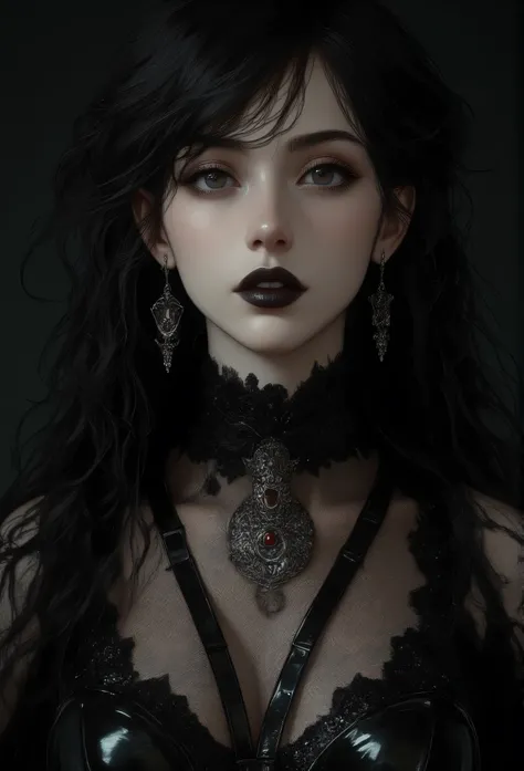 woman, goth, fangs, confident expression, silver stylized rubies earrings, black glossy top, harness, long black hair, bangs, curls, black lipstick, intricate details, goth, vampiristic aesthetics, black background, gothic stylized, goth style