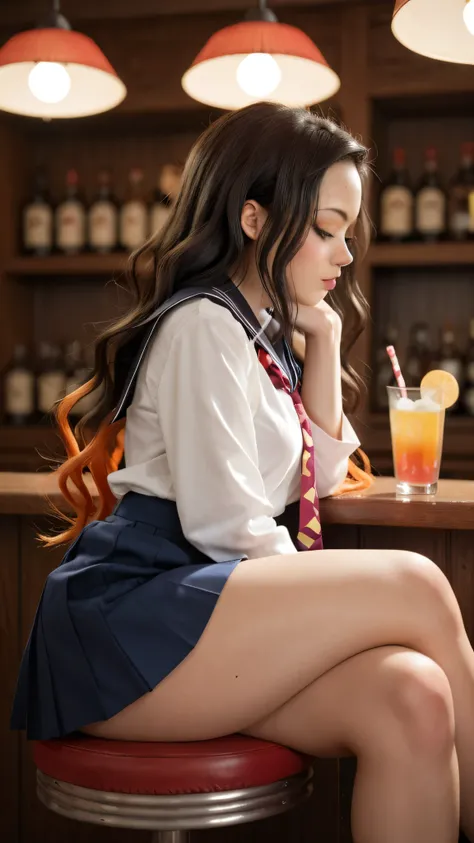 Nezuko Kamado / KIMETSU NO YAIBA, Bicolor fur, a woman , Long hair, Eyes Closed, very serious look, she opted for a mini school uniform, medium breasts, Not suitable for work , fat ass, thick thighs , wide hips , sexy crossed legs, fro...