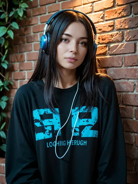 (best_quality, masterpiece:1.2), (highly detailed), (uhd, high_resolution, highres), girl, leaning to brick walls, black loose long sleeve long t-shirt, wide square neckline, blue intricate embroidery accent, thihghigh, bottomless, long straight hair, 80 s...