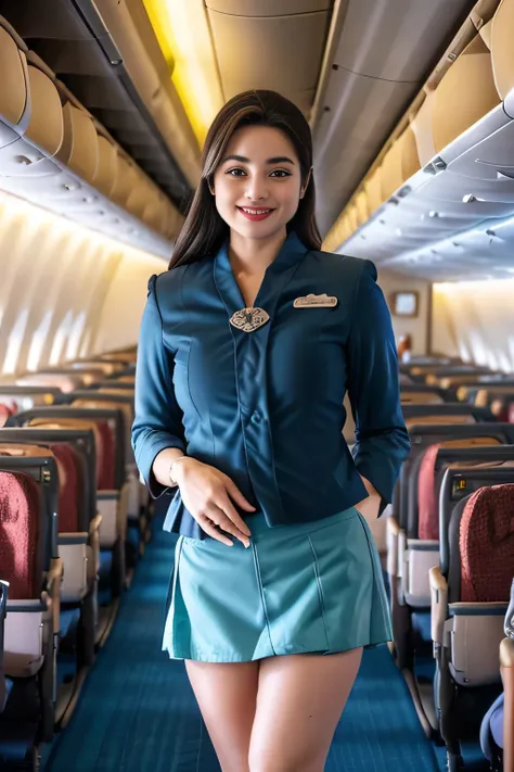 1beautiful womanl, 28years、hyperdetailed face、Detailed lips、A detailed eye、double eyelid、(Smiling while walking gracefully down the aisle)、(Stewardess uniform:1.2)、((mini skirt:1.5)) (Glamorous body)、(Colossal )、（large full breasts）（big butts）（Plump body）（...