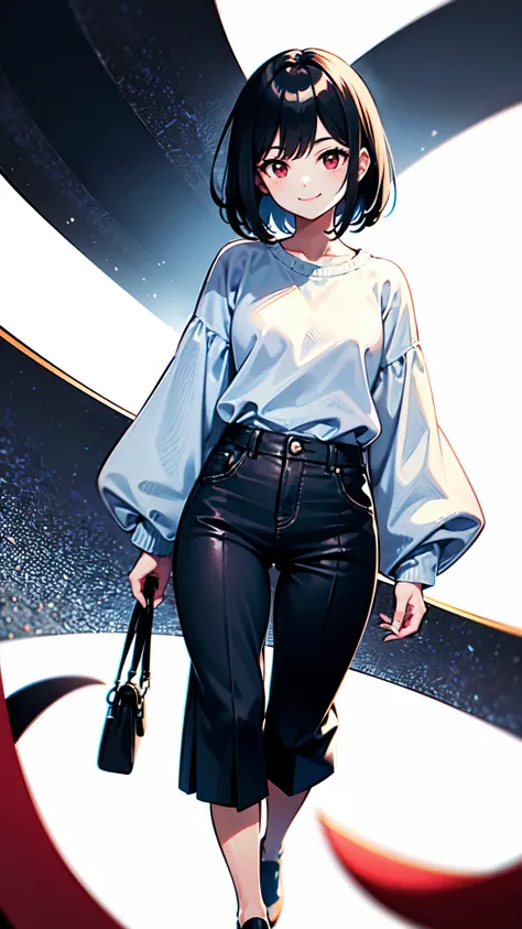  HD, facing forward,Adolescent girl,Two blocks, black bob hair, red eyes,Light blue casual clothes ,smile,  beautiful girl,  fluffy atmosphere  , blanking,  Look , smile,A full-body image that has been faithfully reproduced down to the smallest detail, pur...