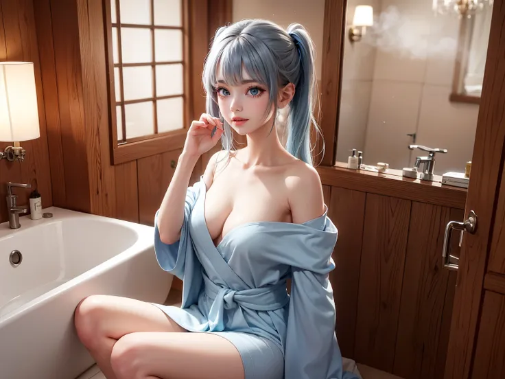 A hyper-realistic, ultra-detailed full-body 3D-rendered image of a **16-year-old Japanese girl named Kanon**. She has **light blue, silky smooth hair styled into twin tails**, with **strands gently dampened by the steam**, sticking slightly to her cheeks. ...