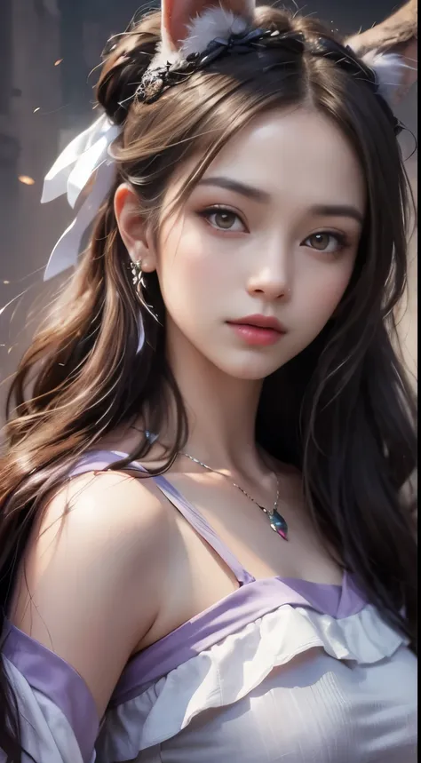 1 beautiful girl in Han costume, thin purple silk shirt with white color with many textures, white lace top, long platinum purple ponytail, Hair Jewelry, ear jewelry, light purple rabbit ears, necklace and necklace, meticulously drawn large purple eyes, me...