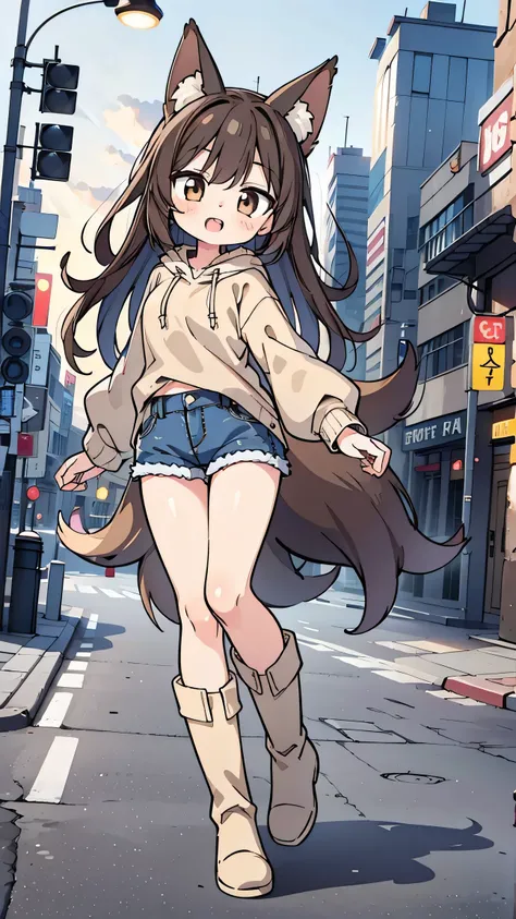   anime style、 fox ears、  girl、  brown hair、  beige hoodie 、  denim、  boots、  double teeth、 