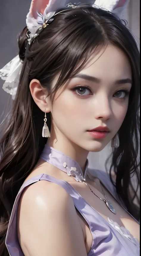 1 beautiful girl in Han costume, thin purple silk shirt with white color with many textures, white lace top, long platinum purple ponytail, Hair Jewelry, ear jewelry, light purple rabbit ears, necklace and necklace, meticulously drawn large purple eyes, me...