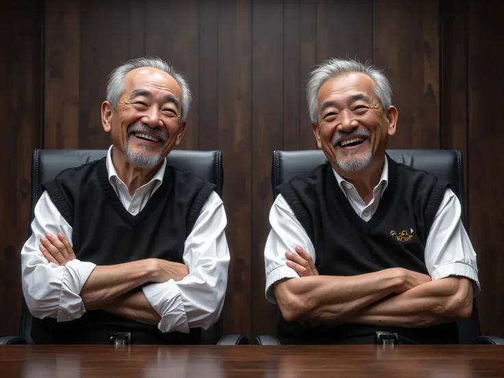 Asian male, 2 old men ,  meeting table seat , Two people, Sit apart., Look to the left, Look in the same direction, Laughing, Greasy Glitter,  Black Vest , 60 years old,  short mustache , goatee, Crossed arms,  Virtual Reality, Ordinary appearance, One per...