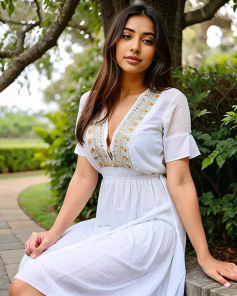 A beautiful realistic indian girl with seductive facial expressions wearing a beautiful dress