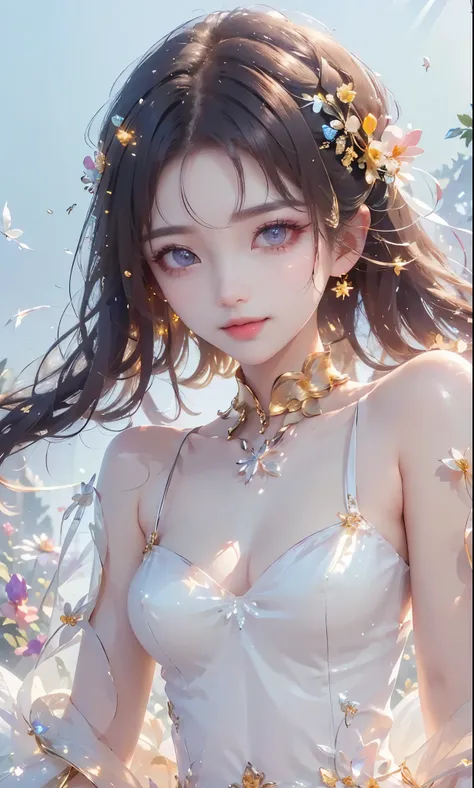 (masterpiece、highest quality、highest quality、Beautiful and beautiful:1.2)、(Good anatomy:1.5)、Focus on the eyes、Painting of a girl with milky white hair、Translucent Princess Dress、Jewelry Tiara，Beautiful smile、looking at the camera、Diffuse reflection of lig...