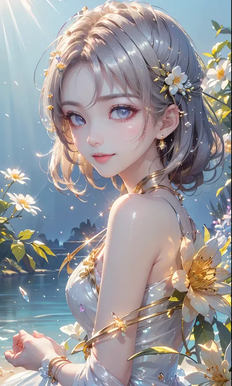 (masterpiece、highest quality、highest quality、Beautiful and beautiful:1.2)、(Good anatomy:1.5)、Focus on the eyes、Painting of a girl with milky white hair、Translucent Princess Dress、Jewelry Tiara,Beautiful smile、looking at the camera、Diffuse reflection of lig...