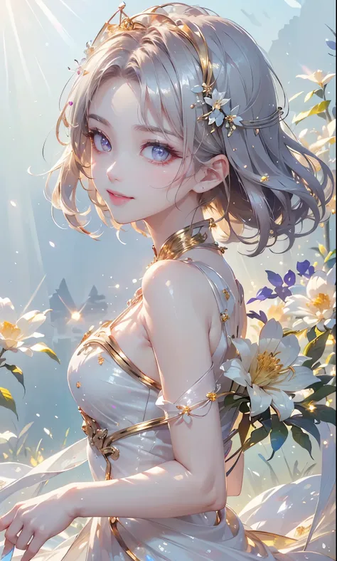 (masterpiece、highest quality、highest quality、Beautiful and beautiful:1.2)、(Good anatomy:1.5)、Focus on the eyes、Painting of a girl with milky white hair、Translucent Princess Dress、Jewelry Tiara,Beautiful smile、looking at the camera、Diffuse reflection of lig...