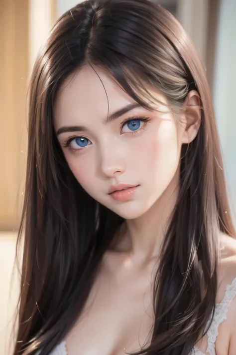 (((32k,high details,high detail、masterpiece,attention to detail,alone))),Raw photo & realistic atmosphere,beautiful dark blue eyes,detailed mouth,glossy lips,thin eyebrows,fine eyes、Soft white skin that shines in every detail、Her deep black eyes are very b...