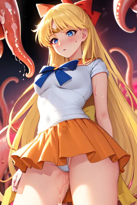 masterpiece, best quality, ultra-detailed, 8K, Anime, (Orange Sailor Venus:1.1), (Aino Minako chibi:1.1), 1girl, Orange skirt, deep yellow long hair, tiara, red ribbon:1.3, blue eyes, short sleeve shirts, tentacle into shirt and skirt, thigh:1.2, slightly ...