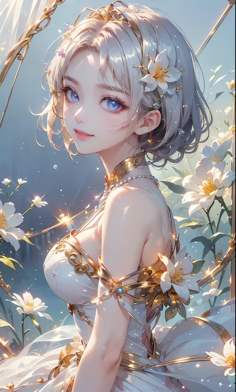 (masterpiece、highest quality、highest quality、Beautiful and beautiful:1.2)、(Good anatomy:1.5)、Focus on the eyes、Painting of a girl with milky white hair、Translucent Princess Dress、Jewelry Tiara,Beautiful smile、looking at the camera、Diffuse reflection of lig...