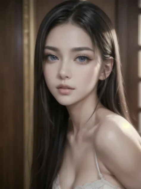 (((32k,high details,high detail、masterpiece,attention to detail,alone))),Raw photo & realistic atmosphere,beautiful dark blue eyes,detailed mouth,glossy lips,thin eyebrows,fine eyes、Soft white skin that shines in every detail、Her deep black eyes are very b...