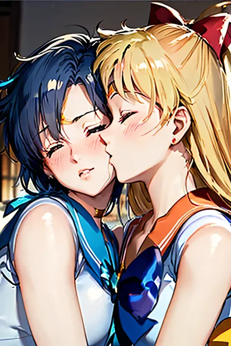 masterpiece, best quality, ultra-detailed, 8K, Anime, 2girls, (Sailor Mercury), (Sailor Venus with red ribbon), kiss to lip each other, closed eyes, blush, right side girl is Sailor Venus with red ribbon, Deep yellow long hair, Orange Sailor:1.2,  left sid...