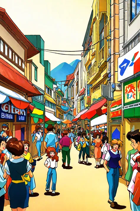 Create a Brazilian landscape background image, The art style must follow the aesthetics of the Japanese animes of the 1990s. In the landscape it is possible to see natural elements, a busy street with people.