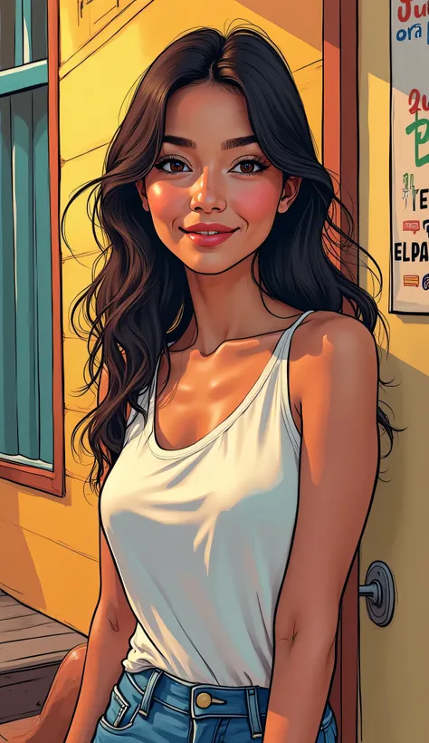 DISCREET image. with discreet casual clothes. image adult woman, american, comic book style. with a discreet smile. IMAGES WITH VIBRANT COLORS
