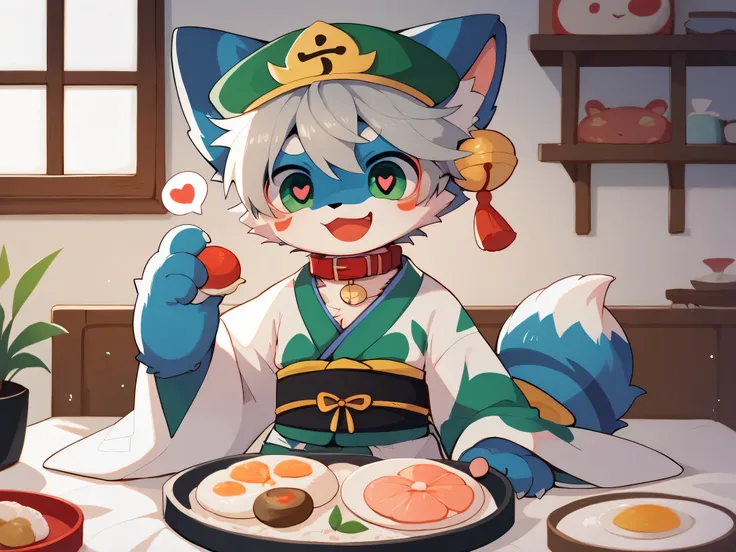  very detailedな, very detailed, blue fur gray hair,,male,骨を見てExcited, heart eyes,participate, red collar, green white and colored hat, cute face, fluffy fur like one,Excited,Horny boy,Cooking Japanese Food ,Chinese cuisine,かわいい 's room , 's room ,Smiling f...