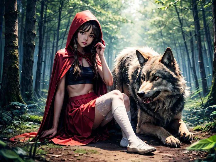 (masterpiece), best quality, expressive eyes, perfect face, white stockings, red skirt, red cloak, flat chest, small white crop top, girl, petite ,brown hair, long hair, blue eyes, side hair bun, barely legal, red riding hood having a rest in the forest, ...