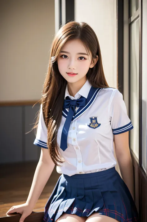 32K, ultra-high resolution, ultra-high quality, capturing every detail with great clarity. (Best Quality:1.4), Professional Photography, Realistic portrait, (1 girl), (extremely detailed beautiful face), (High School Uniform, mini-skirt:1.3), Model, indoor...