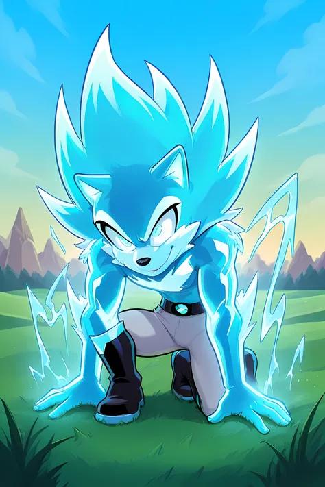 anime male wolf with pale blue glowing fur in a superhero outfit, in a grasslands, blue glowing neon ice powers, professionally drawn, danny phantom cartoon/ super sonic style