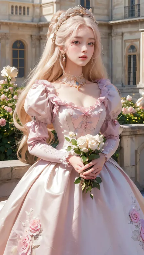 (Absurdly, high quality ,  very detailed from outside the window,32K、 HD、Ultra HD、 golden ratio face、 is present、 complicated、 high detail、 ultra high resolution)、((( Marie Antoinette's Reincarnation Woman、 standing、Aristocratic hairstyle、Medieval European...