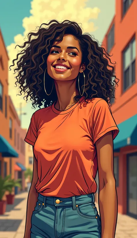 DISCREET image. with discreet casual clothes. image adult woman, american, comic book style. SHE IS HAPPY AND GRATEFUL, with a discreet smile. IMAGES WITH VIBRANT COLORS. with Colorful background