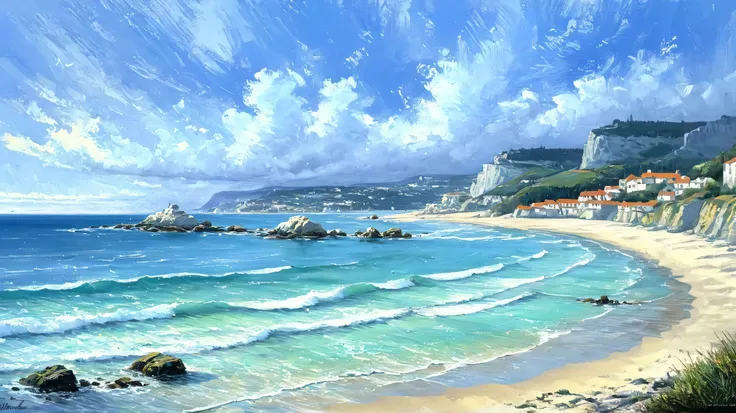 azure coast France, French coastal landscape, make a representative painting of this beautiful tourist landscape, magical, painted by a professional painter in the Manuel Fernández García style modern art,  masterpiece, painting awarded for its beauty, viv...