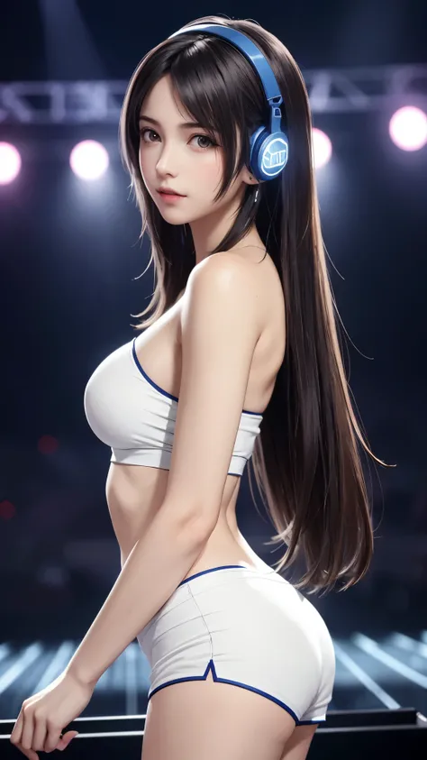 {Top Quality, Masterpiece}, (Realistic: 1.3), BREAK {{{FF7, Tifa_lockhart, solo}}},(crowd of men:1.7), BREAK Ultra-detailed face, Detailed RED eyes,{Dark Brown Hair, Large breasts},{{{A dark, disco club, she is a disc-jockey, table, indoor}}},(location: on...