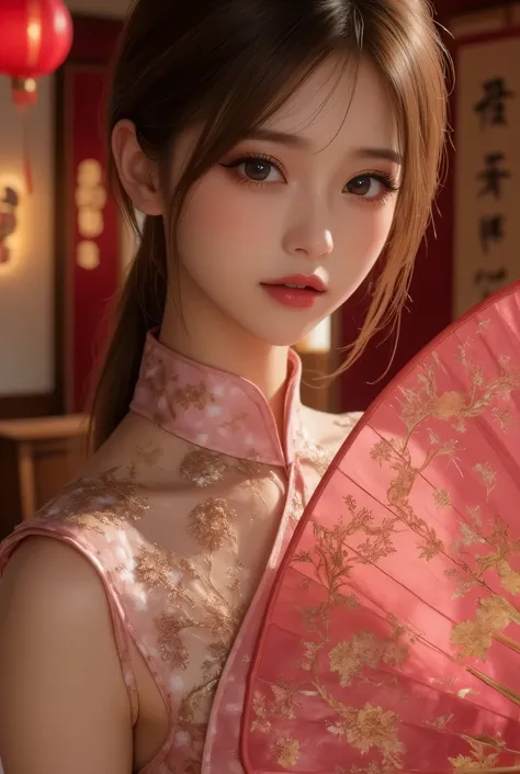Cat ears、 face up, attractive, pretty girl, ponytail、 (( fine facial features , eroticism)), dramatic lighting , realistic , 8k, Dramatic Shadows , intricate and elaborate patterns , super detailed photo , chiaroscuro lighting , Pleasant colors , deep cont...