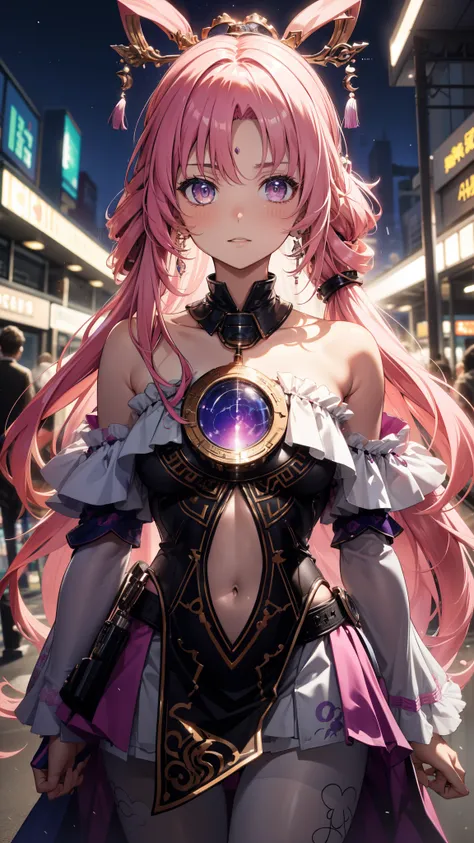 portrait, 1 Girl, pretty face , asymmetrical hair, Colorful hair, sash,pure white bodysuit , Cover your mouth, cover navel , separated sleeve , pink hair,grey eyes , hip vent , Slit Jacket, charming, watching the audience, Night City, neon , rai...