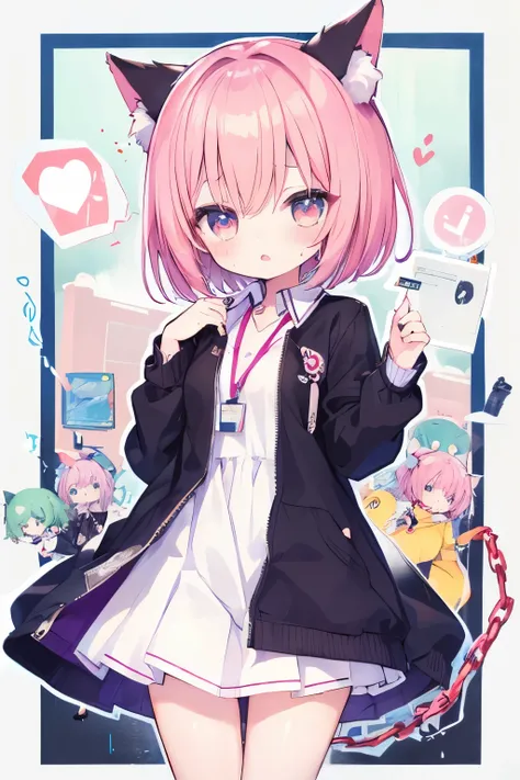 nsfw,  Oversized Jacket   、  pink hair、  short hair  、 Collared 、 ,  elementary school girl wearing a collar and leash、Elementary school girl with cat ears 、((((( )))))、heart❤、((sweat、vapor)）、flattery、   Embarrassing、 small breasts、 Chained 、Name tag