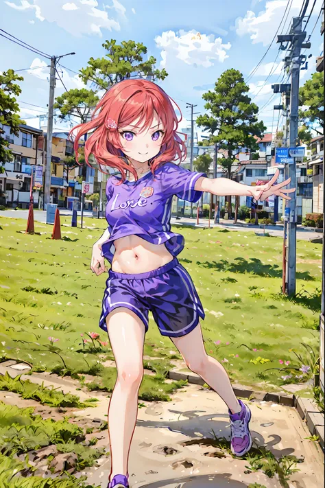 Maki Nishikino, Love Live, ( Masterpiece:1.2),  top quality,  perfect anatomy ,  extremely detailed, cute girl,   shiny skin ,   light smile, Alone, adorable big eyes,  cute eyes , (violet eyes:1.4), (Red bright hair :1.4), sport top piece,  sports shirt ,...