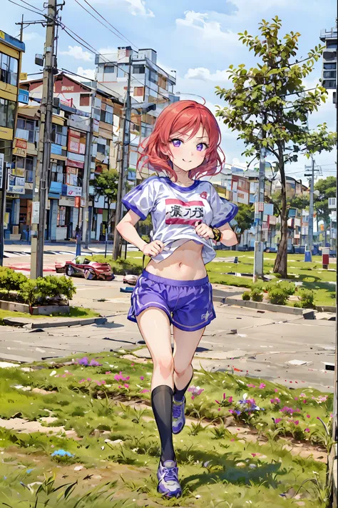 Maki Nishikino, Love Live, ( Masterpiece:1.2),  top quality,  perfect anatomy ,  extremely detailed, cute girl,   shiny skin ,   light smile, Alone, adorable big eyes,  cute eyes , (violet eyes:1.4), (Red bright hair :1.4), sport top piece,  sports shirt ,...