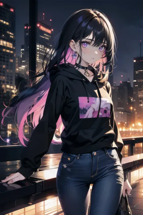 (masterpiece), (best quality), ultra detailed, finely detailed color, cenematic painting, bishoujo, model, ((one lady)), 20 years old, cute face, black hair, absurdly long hair, straight hair, violet eyes, purple eyes, walking, chocker, ((black hoodie:1.2)...