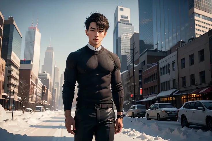  Japanese　　 handsome　 short dark hair  　　short cropped 　　　male　Slim figure　　white thick knit 　 sweater　　　Black R long pants 　Sportsman type man 　 severe face 　　Critical Eyes　　Background is snow　Just snow 　　　Skyscrapers in the City of the Future　　highway　　u...