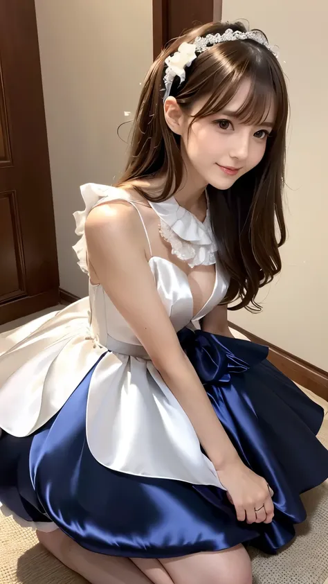 (((Top Quality))), (((Masterpiece))), (((Detail))), tall, looking at camera, face-to-face, navy blue shiny silk satin ruffle girly empire length wedding dress, hands thrust forward, Japanese, brown hair, long hair, gorgeous room,. Gorgeous ribbon hair acce...