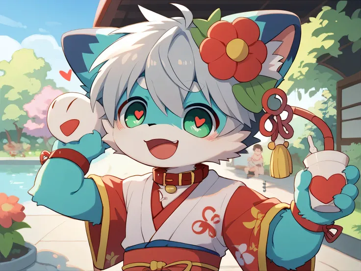  very detailedな, very detailed, blue fur gray hair,,male,骨を見てexcitedする, heart eyes,participate, red collar, green white and colored hat, cute face, fluffy fur like one,excitedする,Horny boy,garden,outside, kimono,Smiling face,Dropped ears, let's play with to...